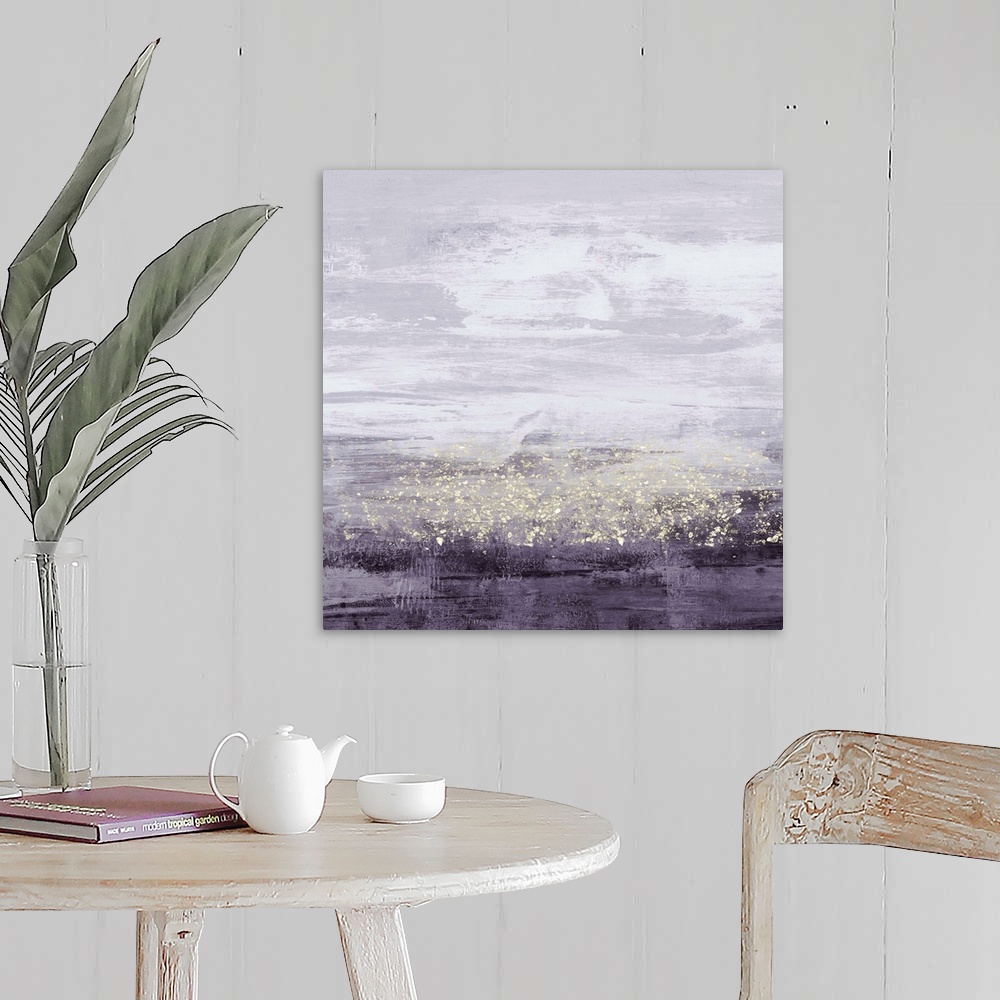 A farmhouse room featuring Abstract painting of horizontal brush strokes of purple,with dark shades on the bottom, and overl...
