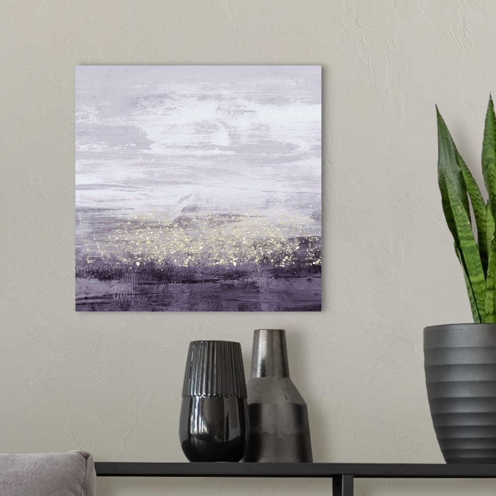 A modern room featuring Abstract painting of horizontal brush strokes of purple,with dark shades on the bottom, and overl...