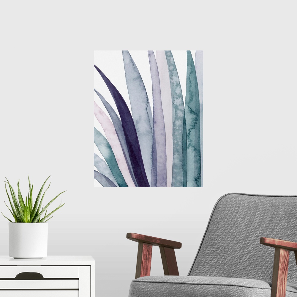 A modern room featuring Amethyst Scales Triptych I