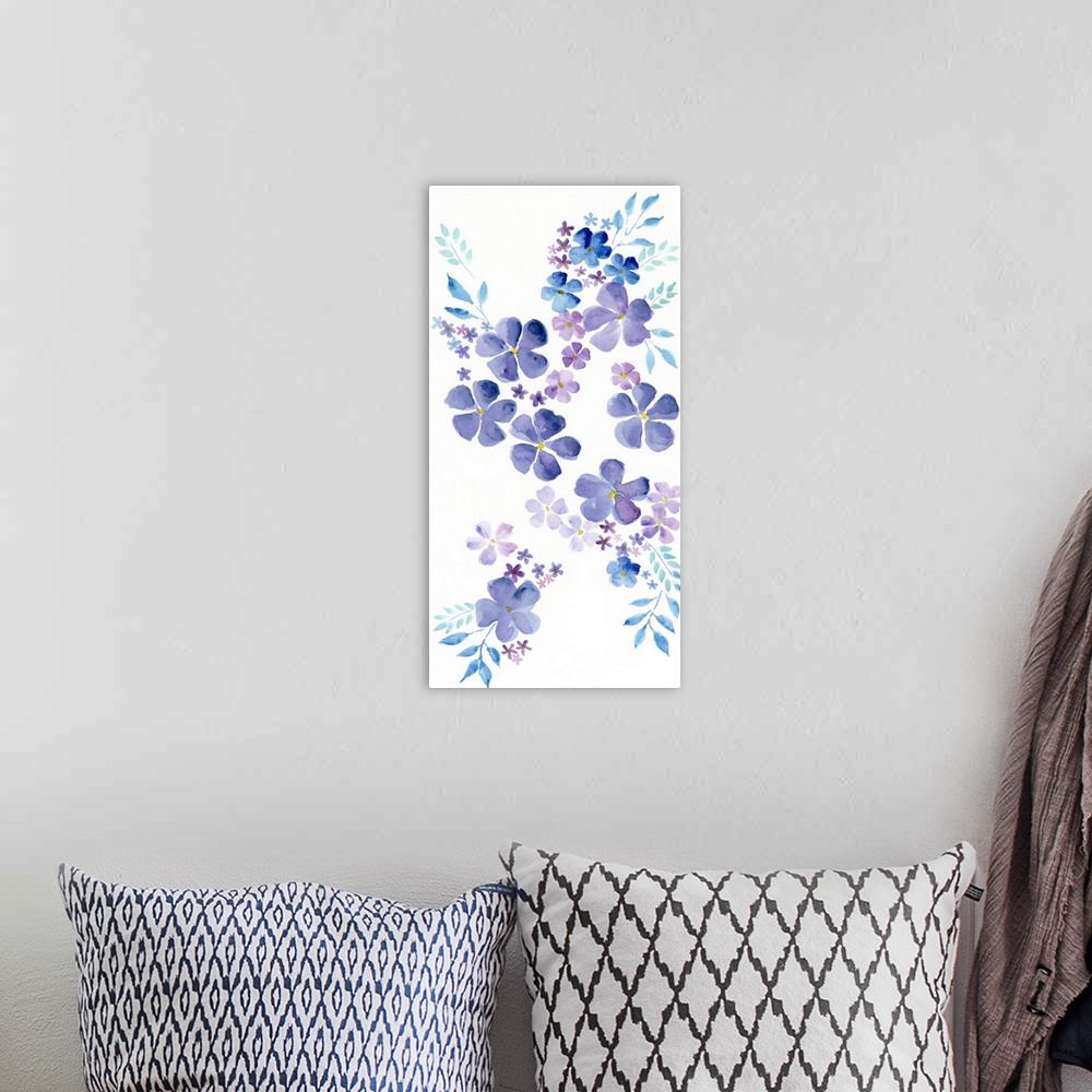 A bohemian room featuring This decorative artwork features a cascade of purple blooms in varying sizes over a white backgro...