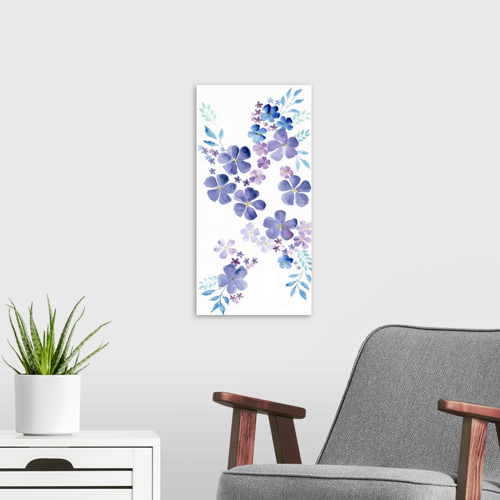 A modern room featuring This decorative artwork features a cascade of purple blooms in varying sizes over a white backgro...