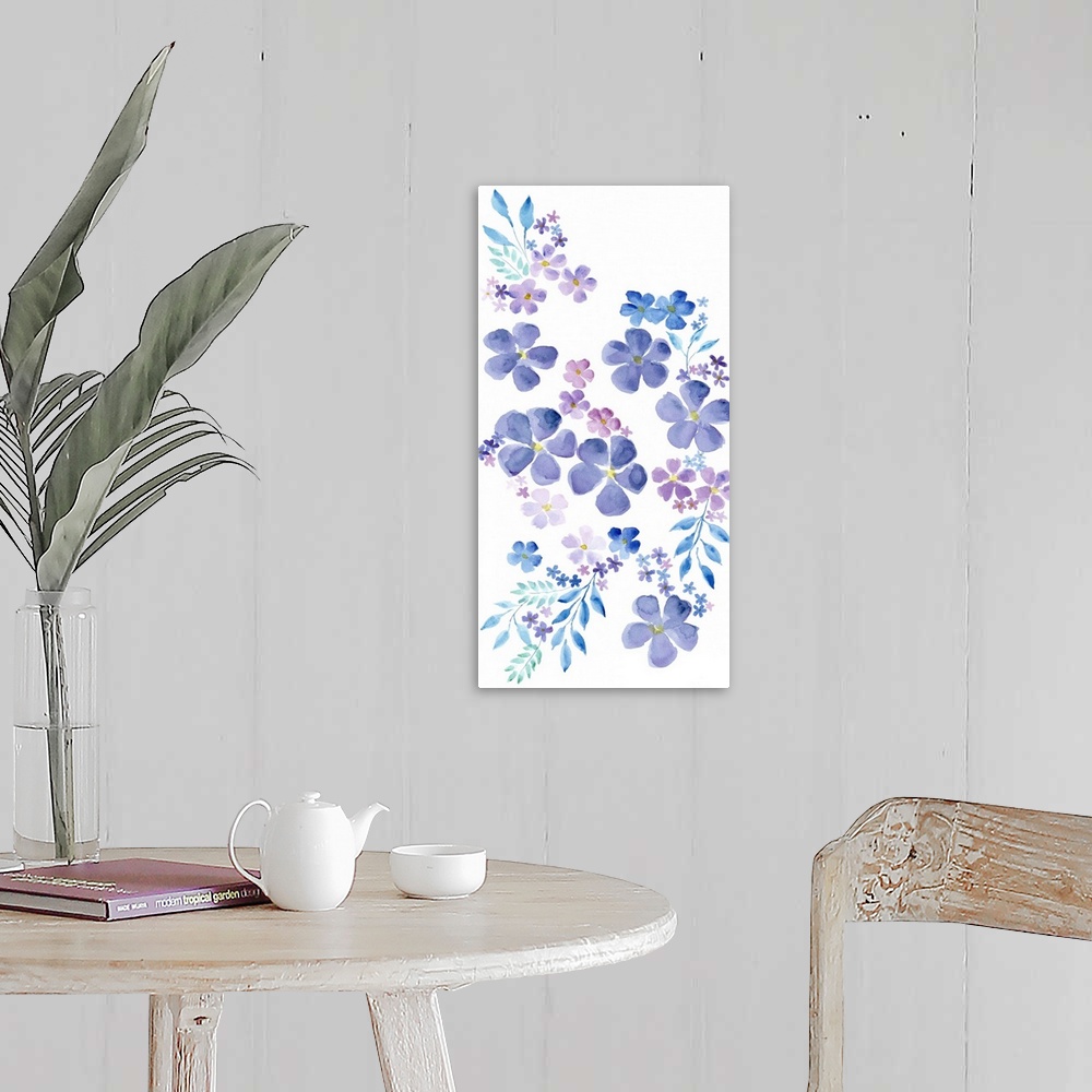 A farmhouse room featuring This decorative artwork features a cascade of purple blooms in varying sizes over a white backgro...