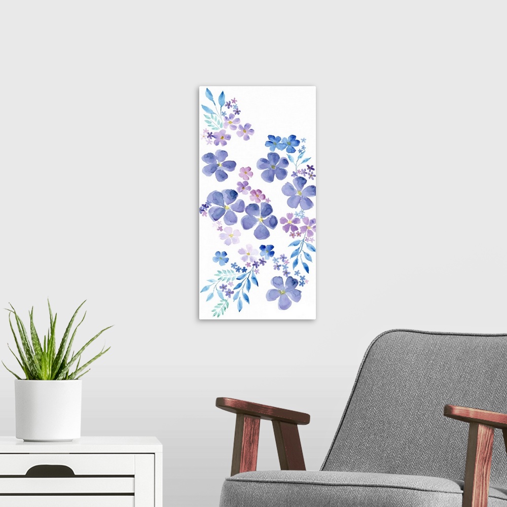 A modern room featuring This decorative artwork features a cascade of purple blooms in varying sizes over a white backgro...