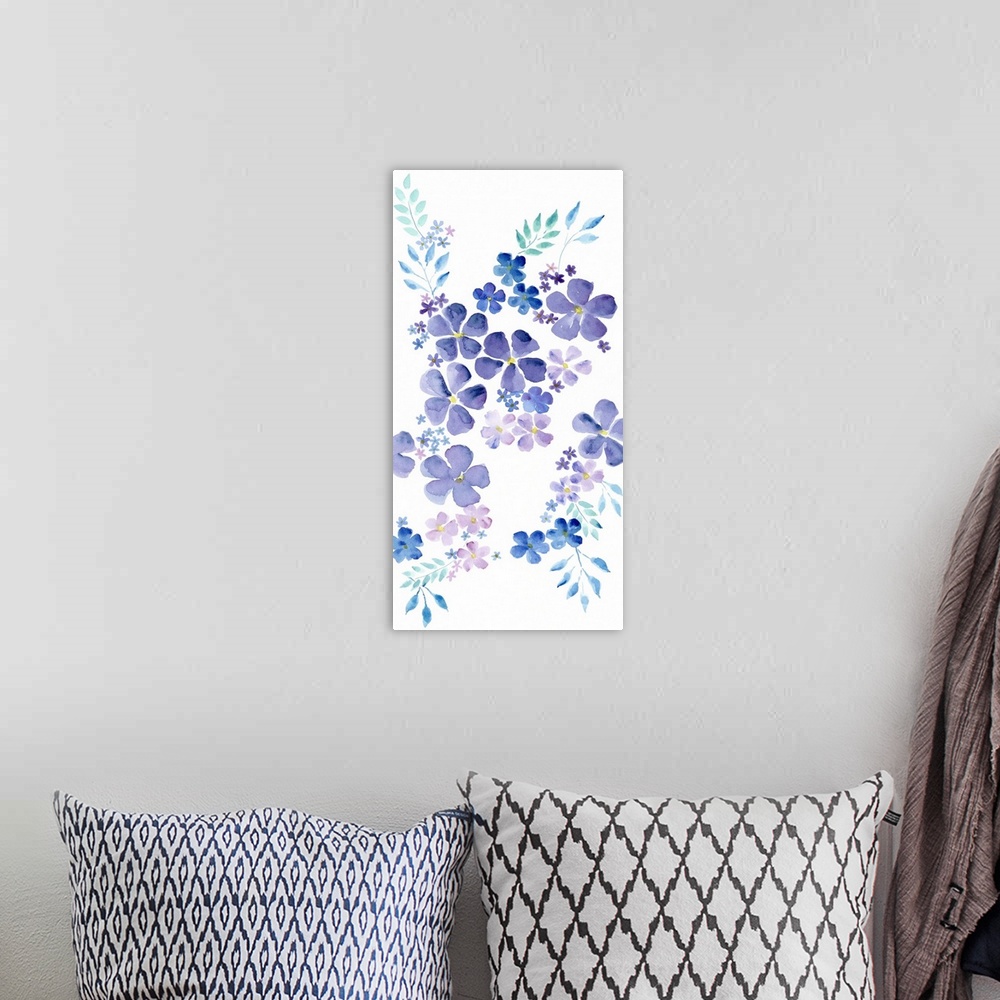 A bohemian room featuring This decorative artwork features a cascade of purple blooms in varying sizes over a white backgro...