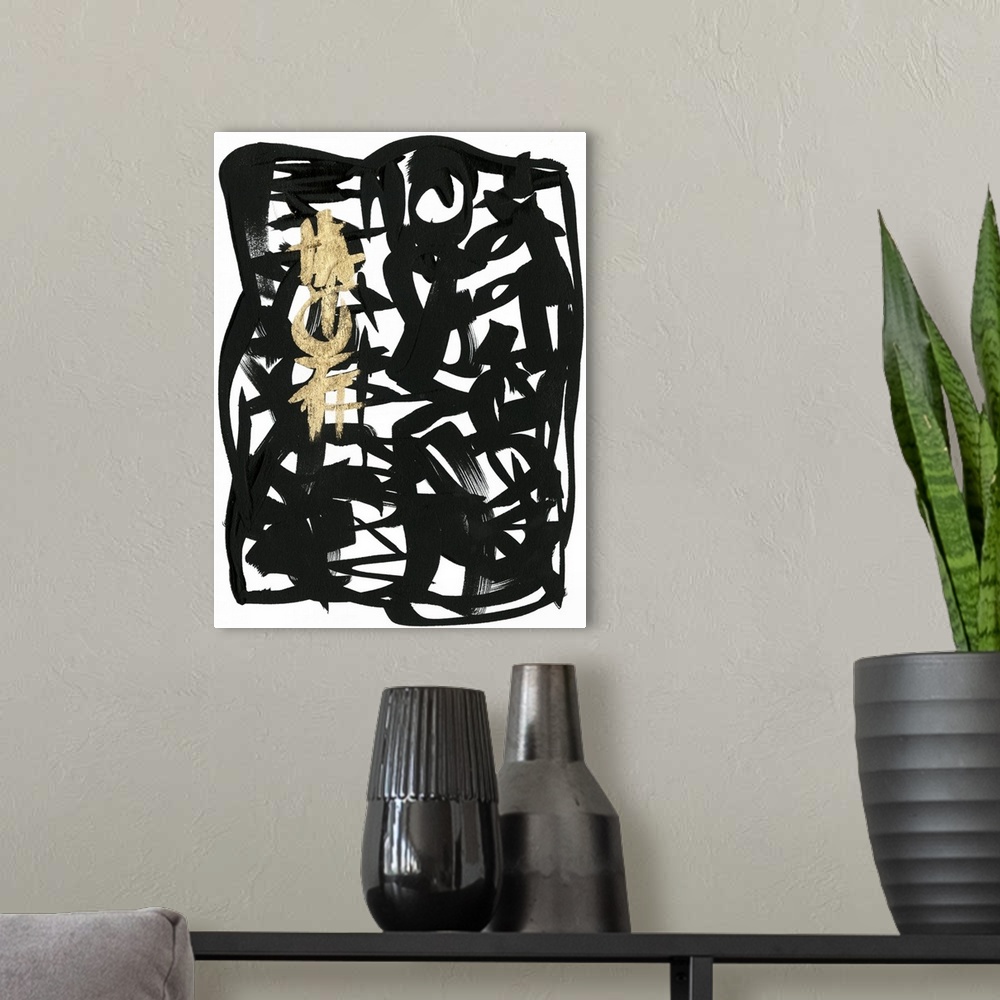 A modern room featuring Broad brush strokes in black and gold create letter-like abstract characters surrounded by a bord...