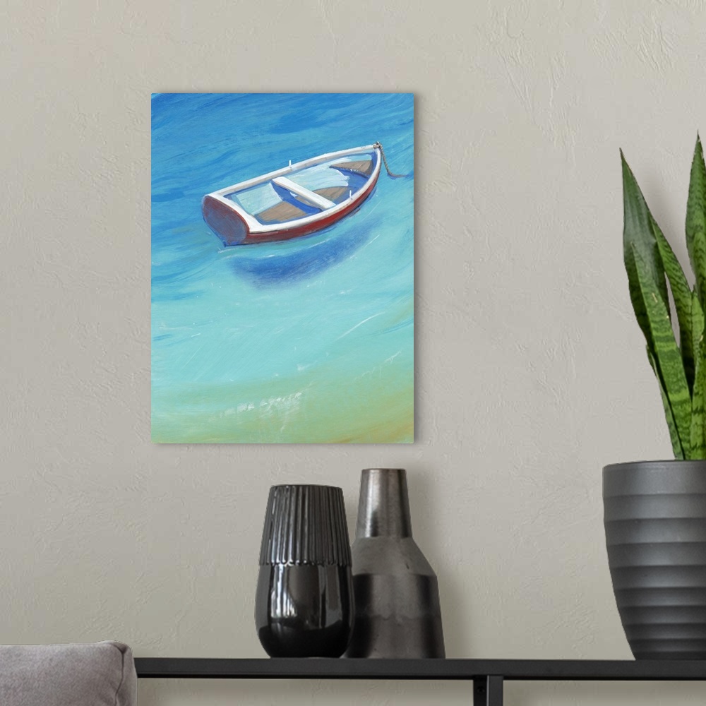 A modern room featuring A quaint, little white and red boat anchored in brilliant, calm blue water.