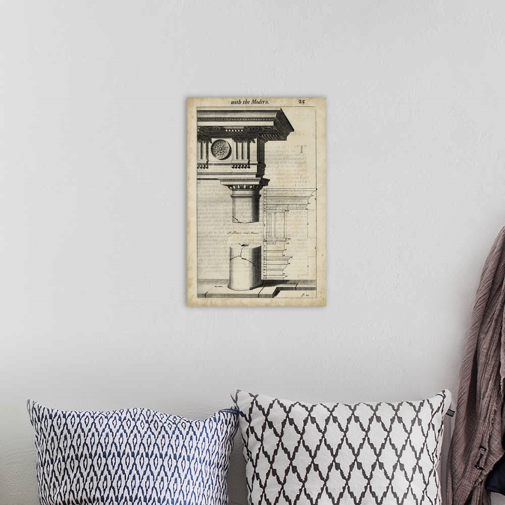 A bohemian room featuring Vintage art work of an architectural diagram.