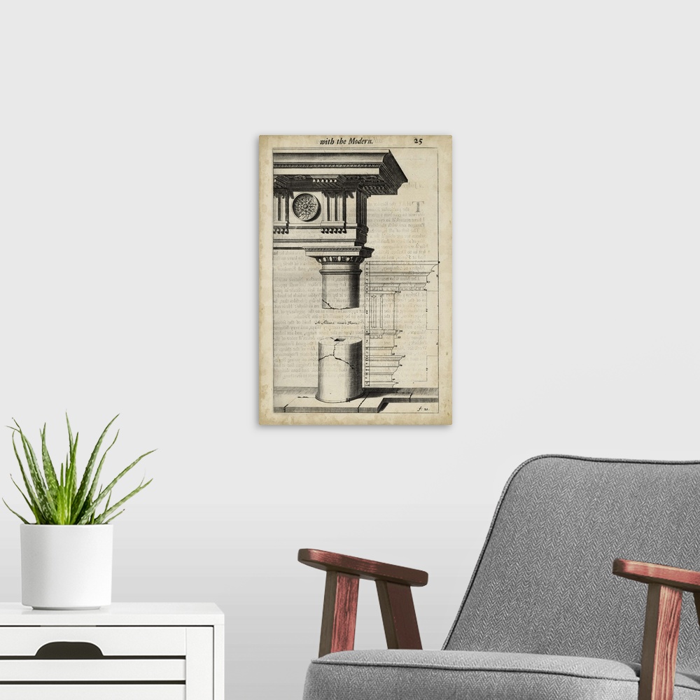 A modern room featuring Vintage art work of an architectural diagram.