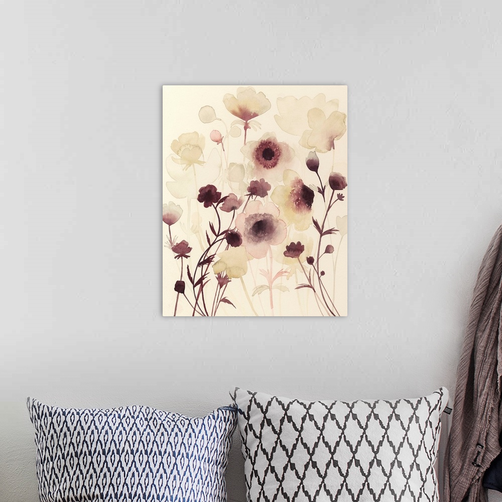 A bohemian room featuring Contemporary watercolor painting of  soft dark purple flowers against a cream background.