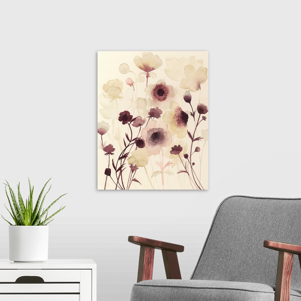 A modern room featuring Contemporary watercolor painting of  soft dark purple flowers against a cream background.