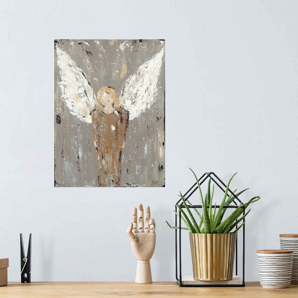 A bohemian room featuring A very abstracted portrait of an angel in a long brown robe. Created in a very rustic style, this...
