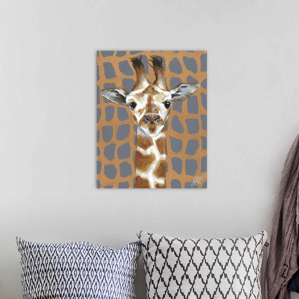 A bohemian room featuring A delightful portrait of a giraffe with a gray and metallic gold giraffe patterned background.