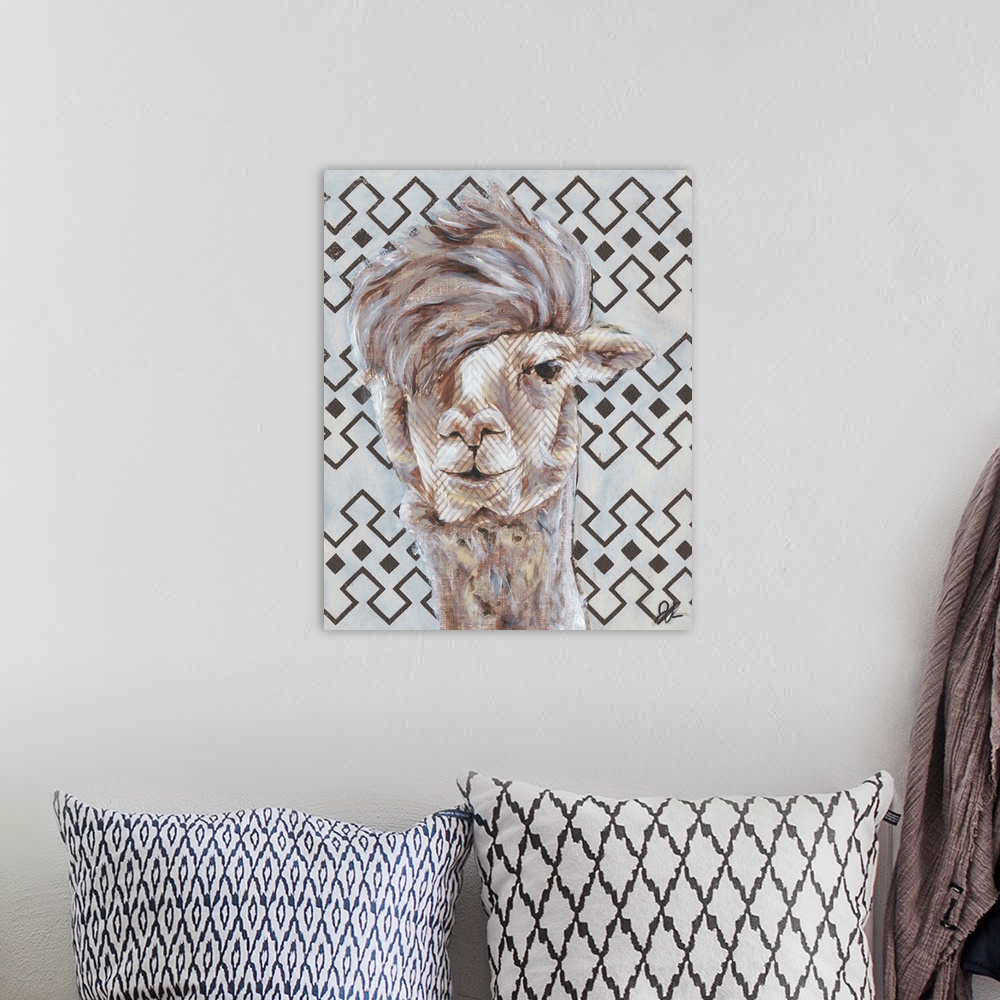 A bohemian room featuring An engaging portrait of a llama with light gray lines on it's face and a gray and metallic gold p...