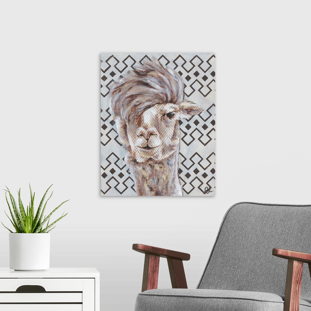 A modern room featuring An engaging portrait of a llama with light gray lines on it's face and a gray and metallic gold p...