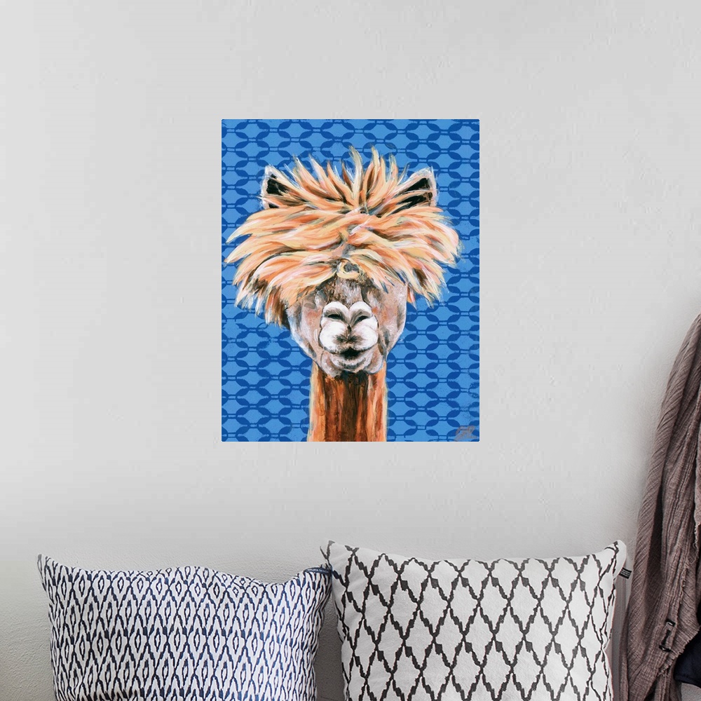 A bohemian room featuring A engaging portrait of a llama with a blue patterned background.