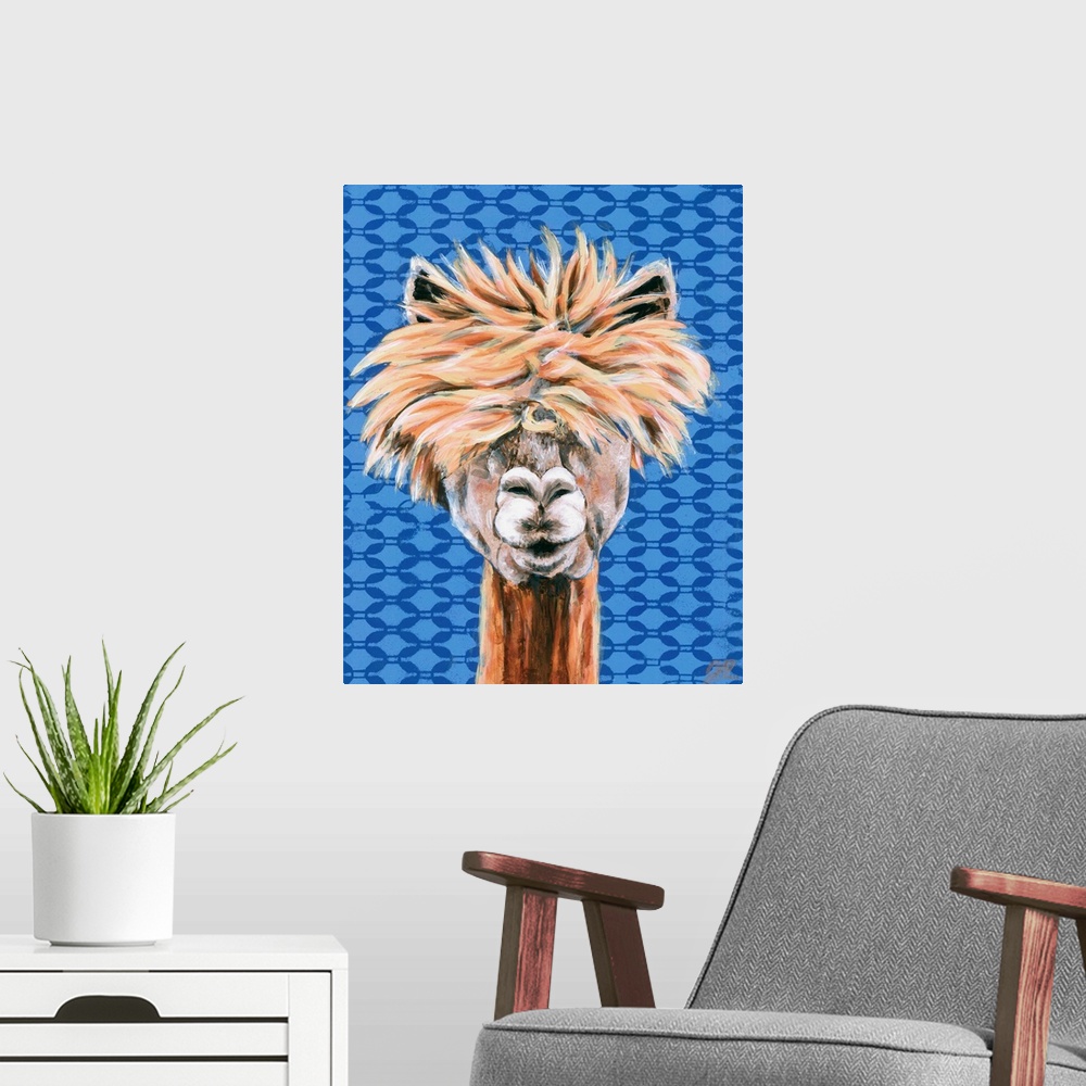 A modern room featuring A engaging portrait of a llama with a blue patterned background.