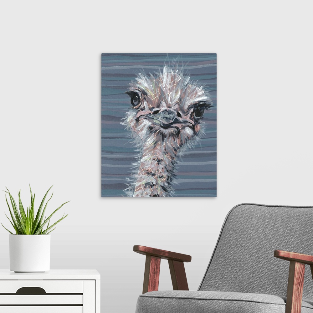 A modern room featuring A engaging portrait of an ostrich with a grey, pink and blue striped background.