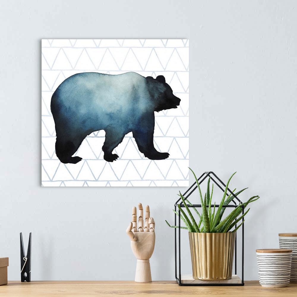 A bohemian room featuring Watercolor bear silhouette on a grey geometric background.