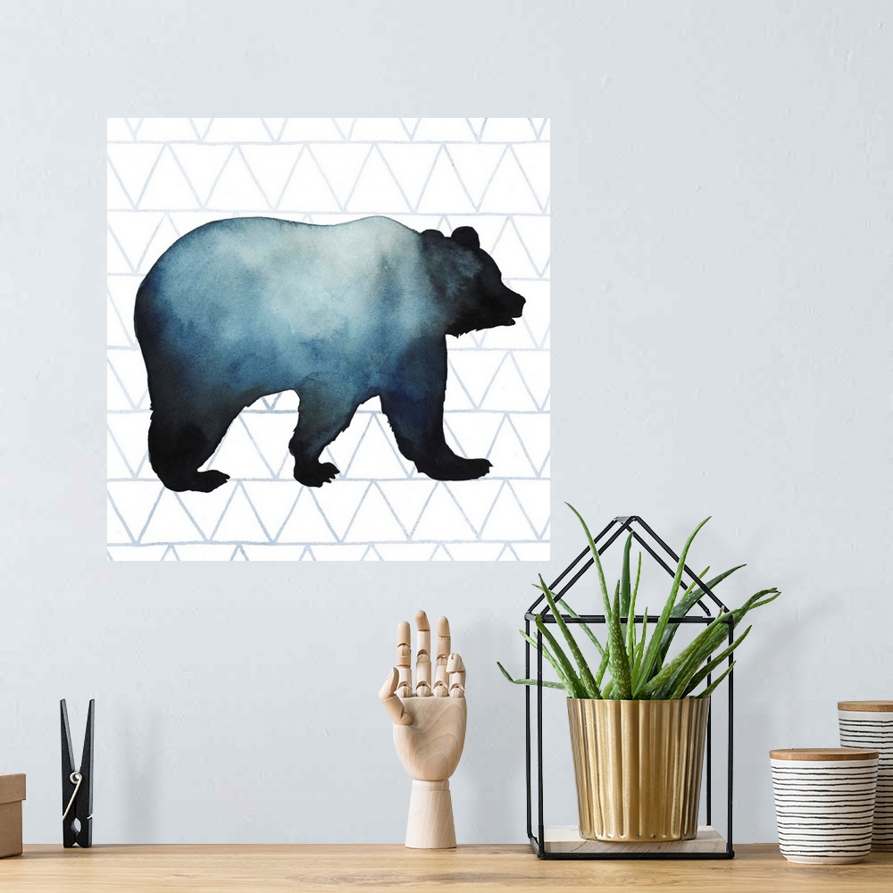 A bohemian room featuring Watercolor bear silhouette on a grey geometric background.