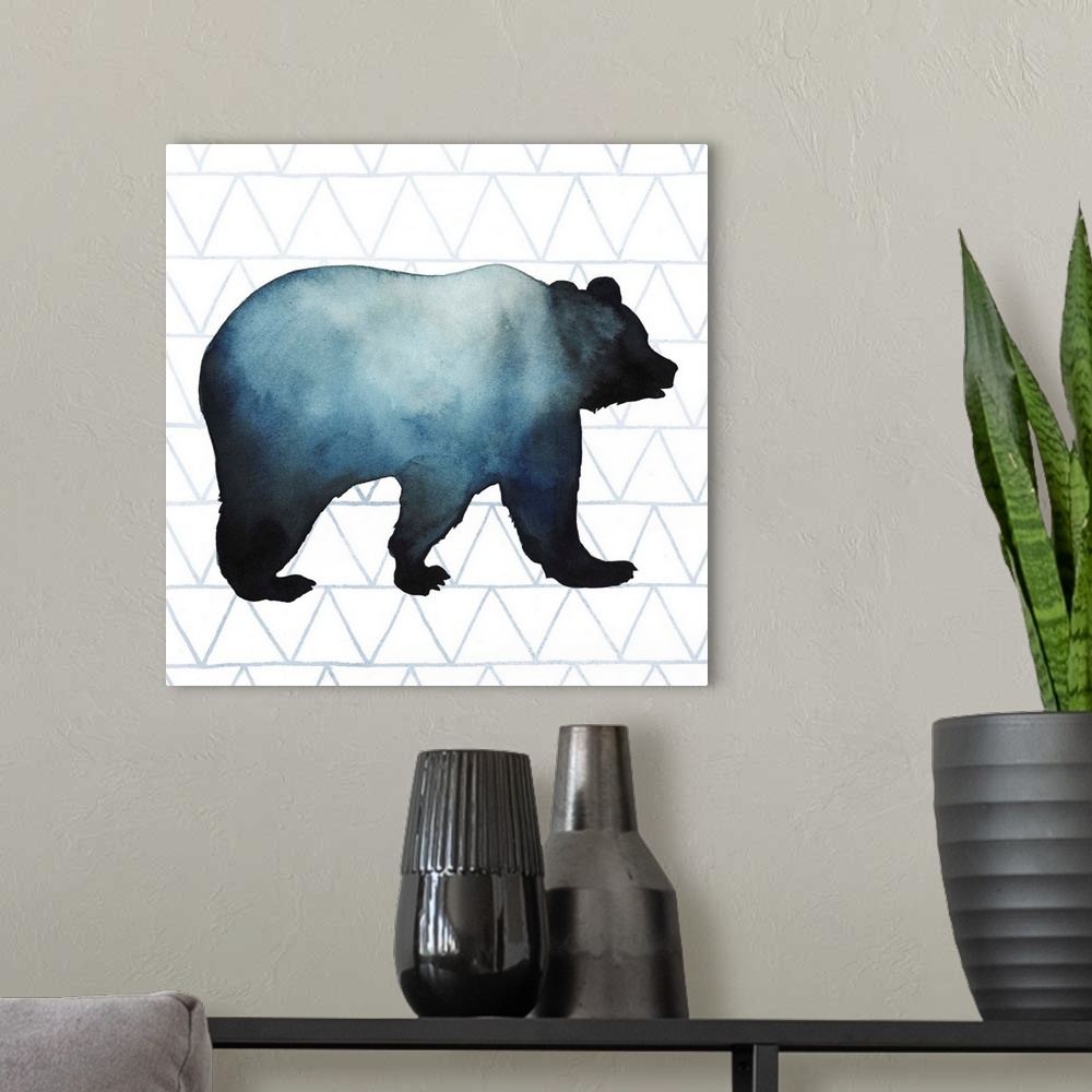 A modern room featuring Watercolor bear silhouette on a grey geometric background.