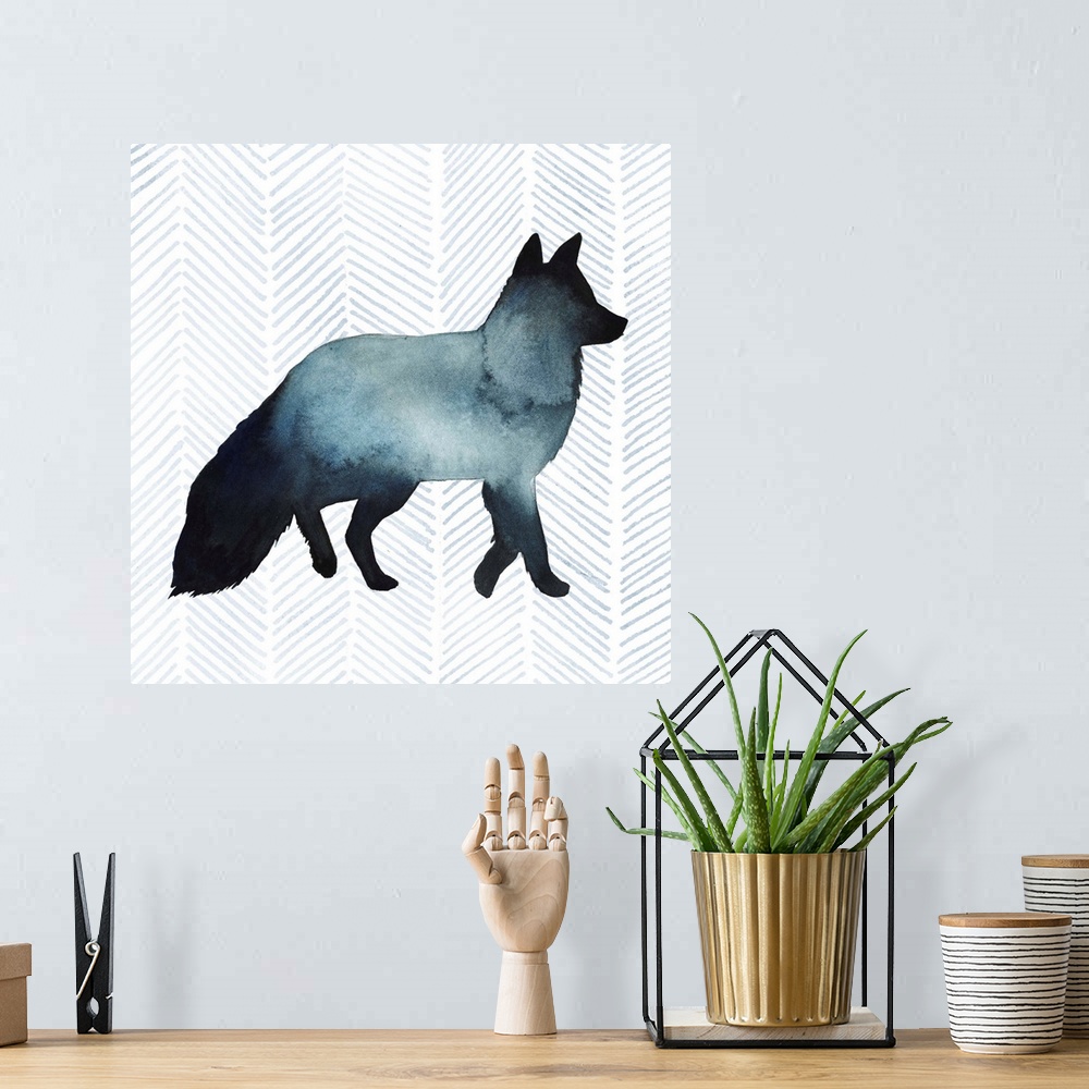 A bohemian room featuring Watercolor fox silhouette on a grey geometric background.