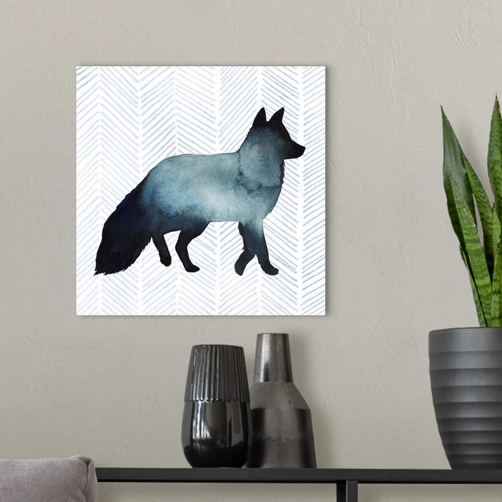 A modern room featuring Watercolor fox silhouette on a grey geometric background.