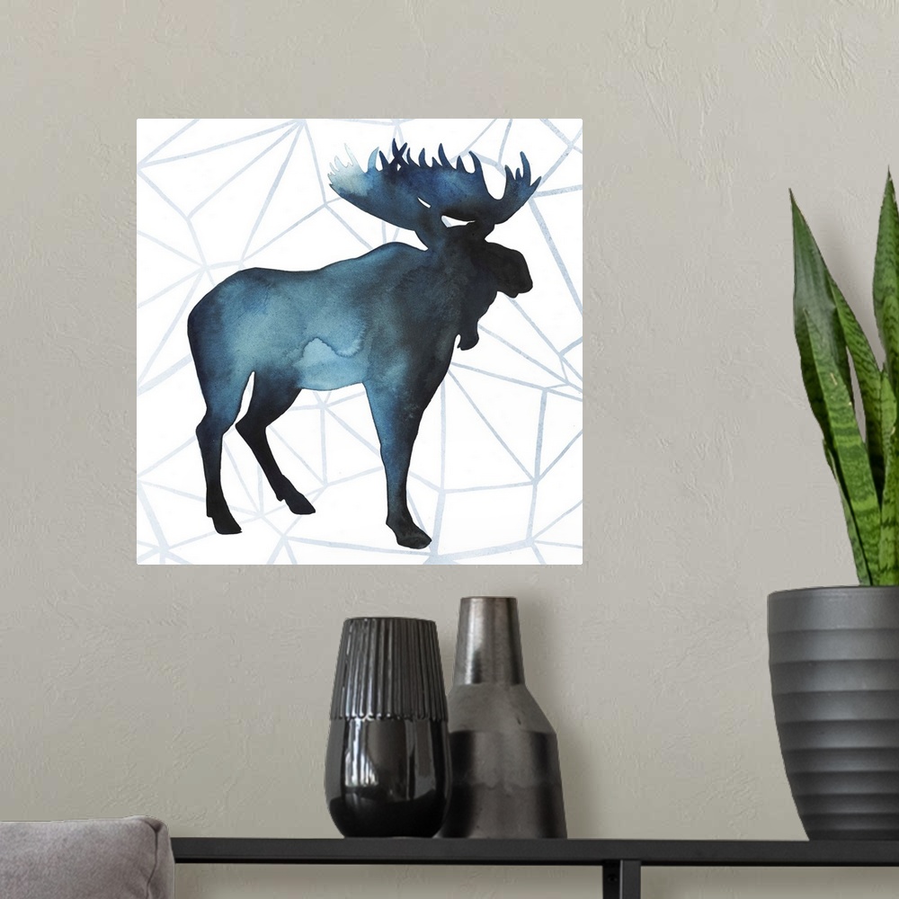 A modern room featuring Watercolor moose silhouette on a grey geometric background.