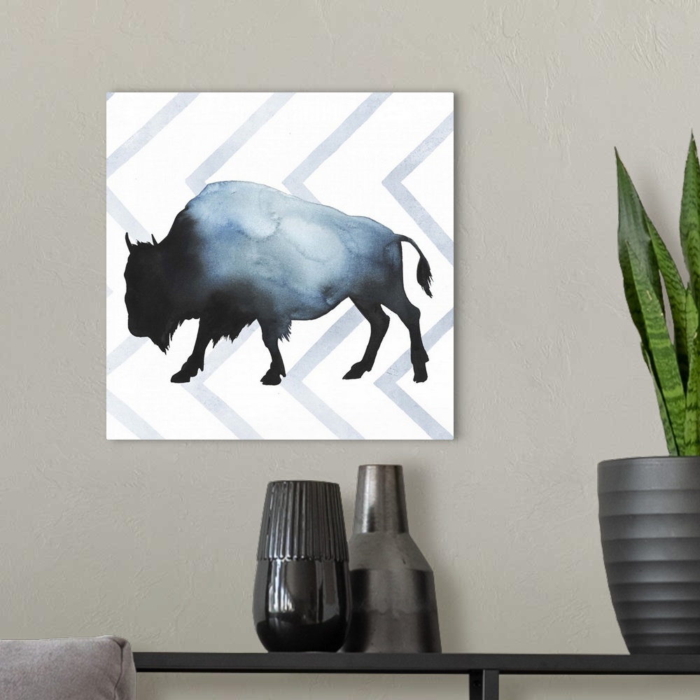A modern room featuring Watercolor bison silhouette on a grey geometric background.