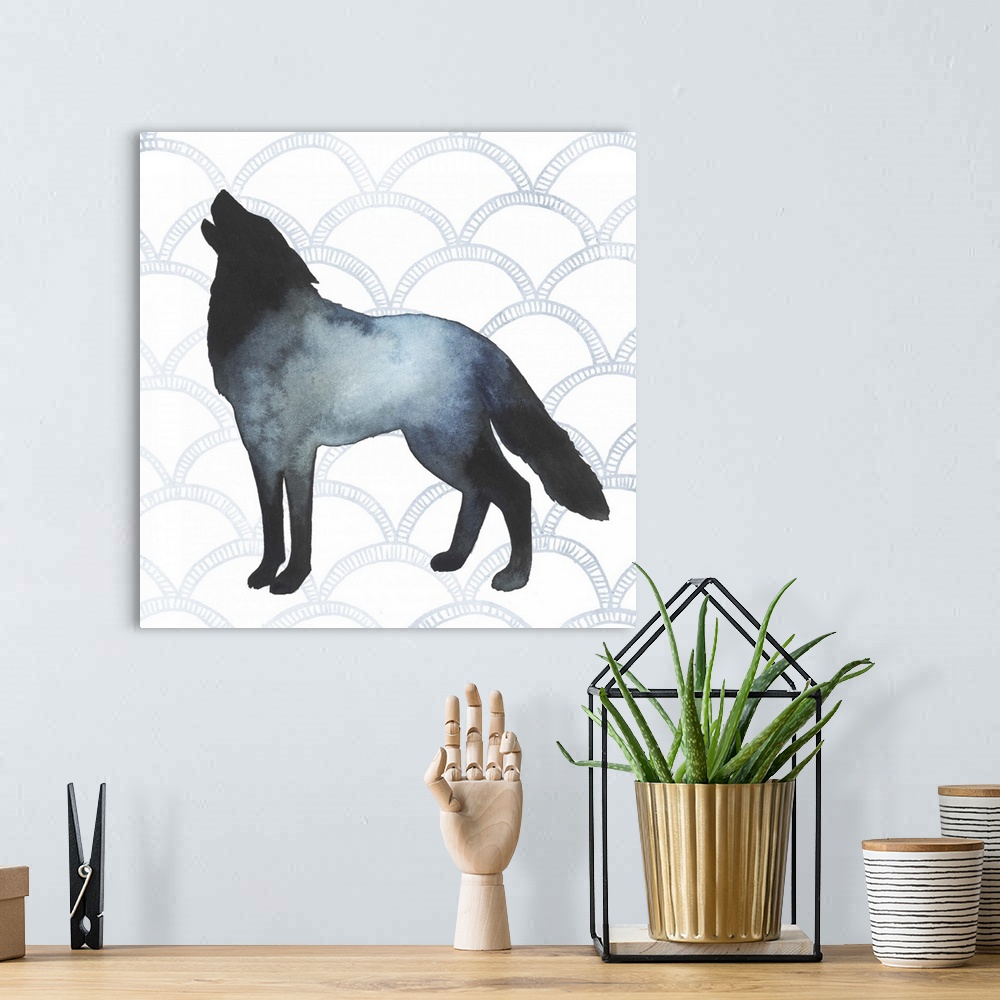 A bohemian room featuring Watercolor wolf silhouette on a grey geometric background.