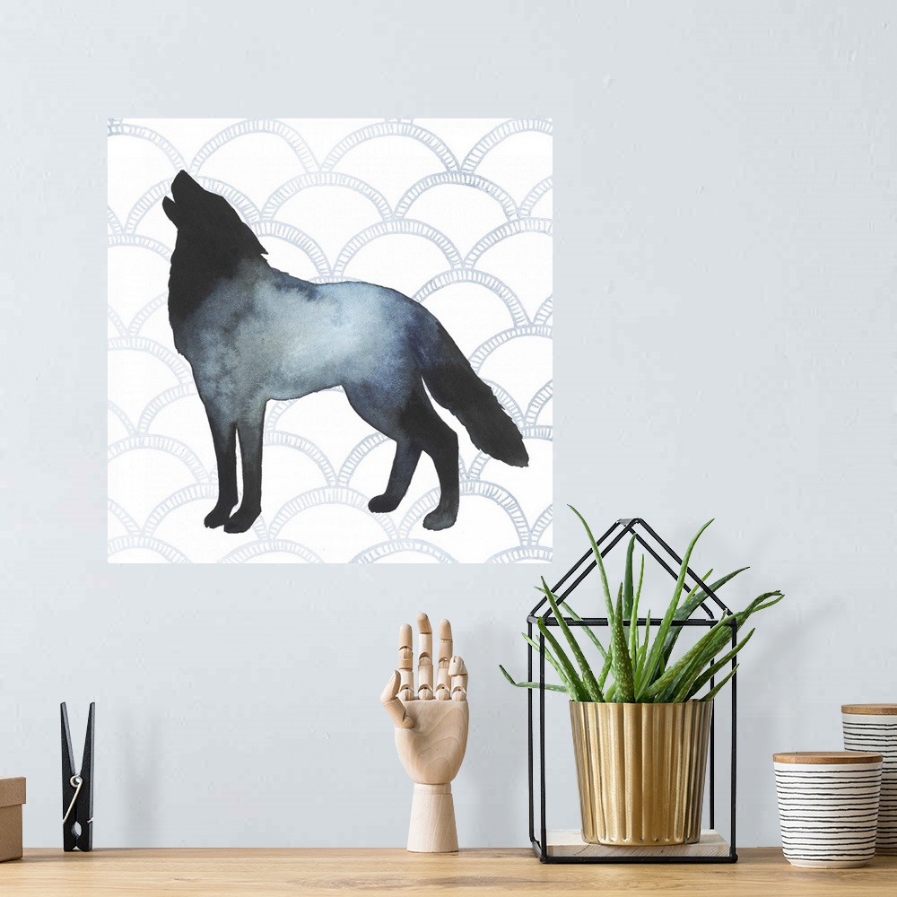 A bohemian room featuring Watercolor wolf silhouette on a grey geometric background.