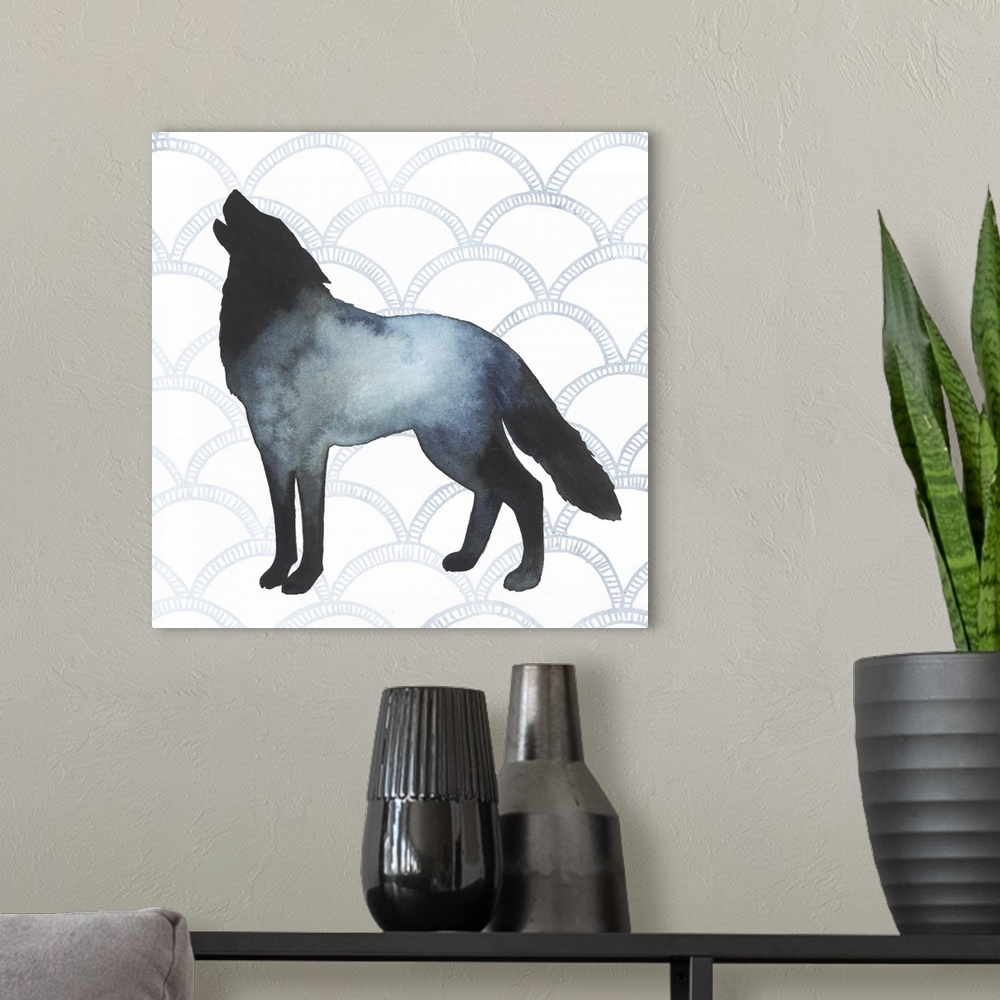 A modern room featuring Watercolor wolf silhouette on a grey geometric background.