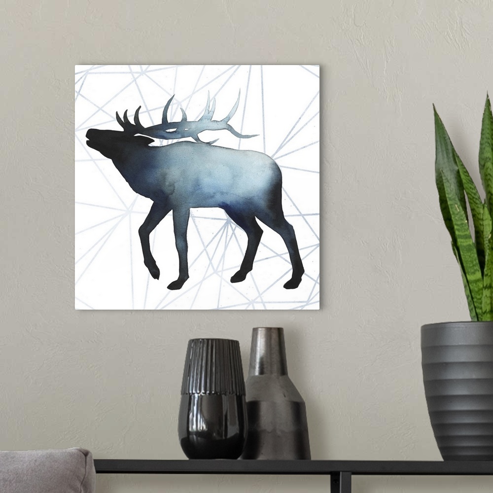 A modern room featuring Watercolor elk silhouette on a grey geometric background.