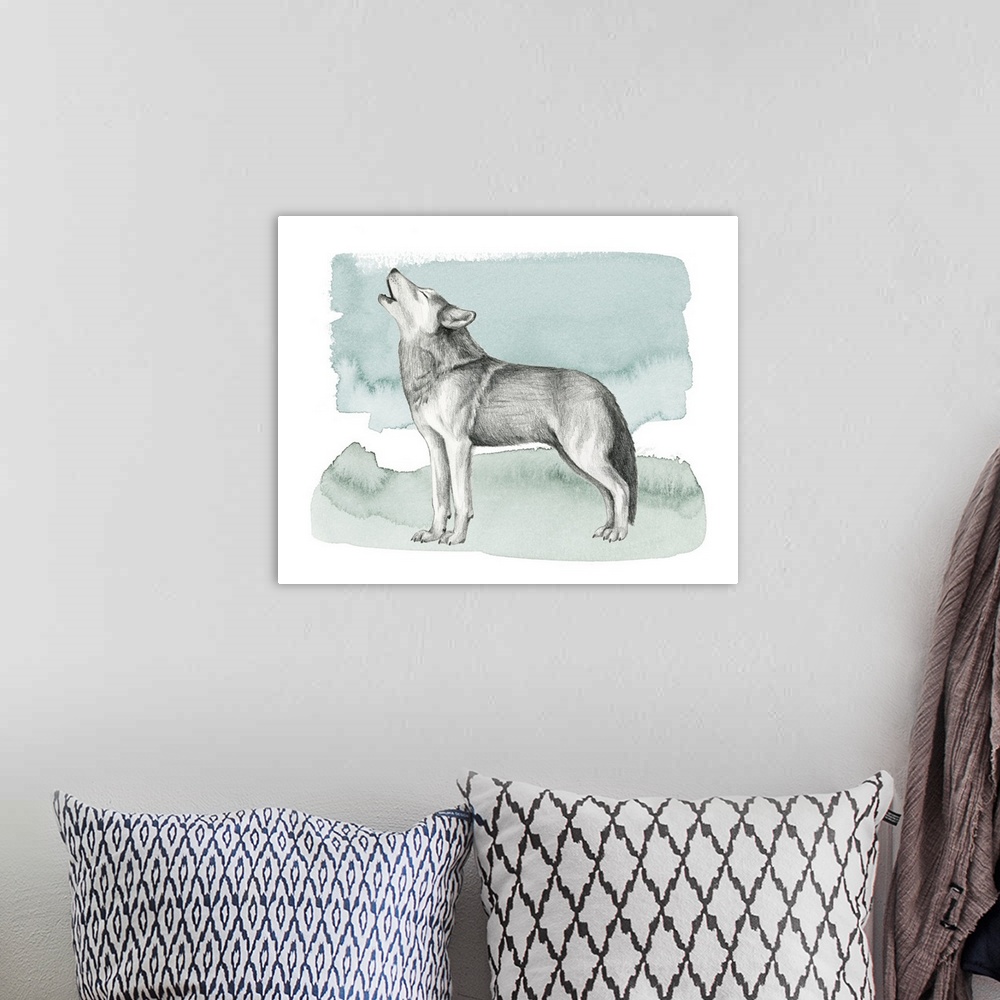 A bohemian room featuring Graphite sketch of a howling wolf on a blue, green, and white watercolor background.