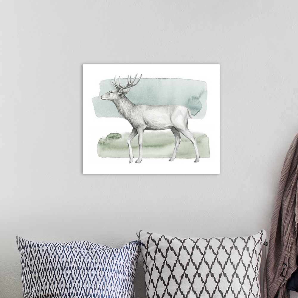 A bohemian room featuring Graphite sketch of a deer on a blue, green, and white watercolor background.