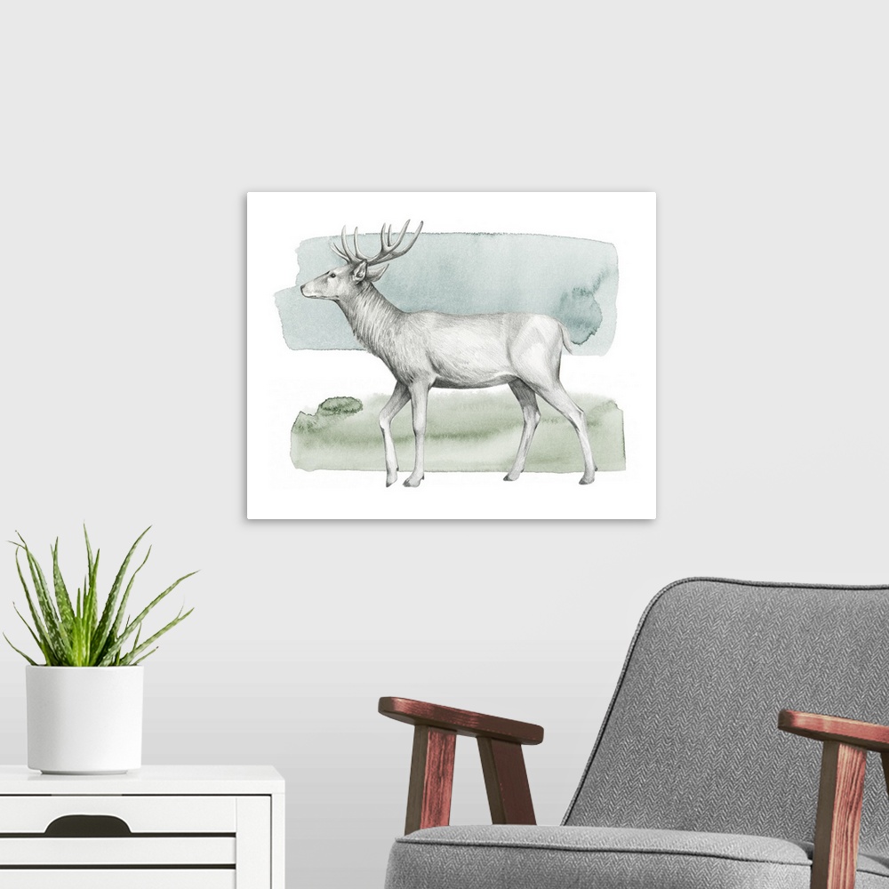 A modern room featuring Graphite sketch of a deer on a blue, green, and white watercolor background.