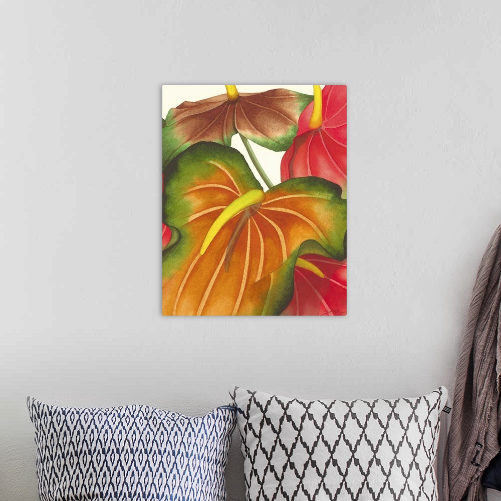 A bohemian room featuring A contemporary painting of colorful tropical plants.