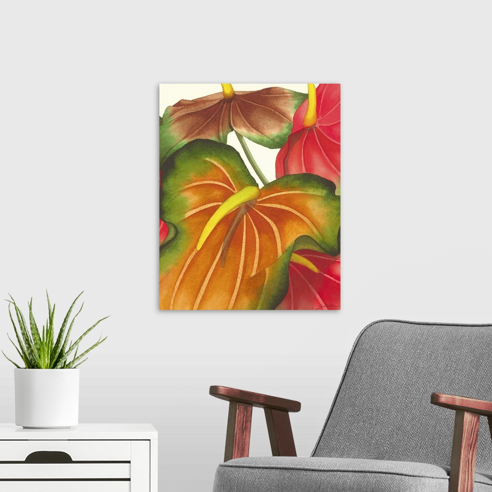 A modern room featuring A contemporary painting of colorful tropical plants.
