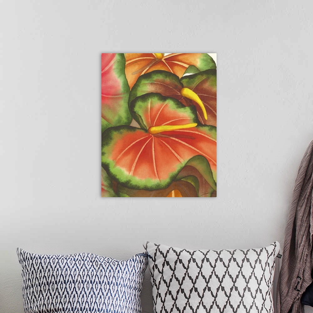 A bohemian room featuring A contemporary painting of colorful tropical plants.