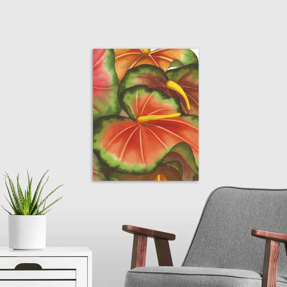 A modern room featuring A contemporary painting of colorful tropical plants.
