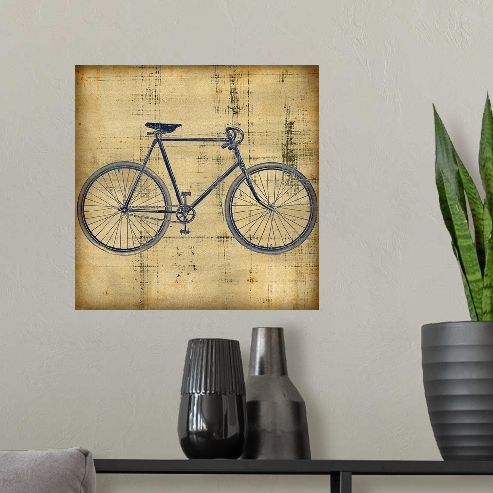 A modern room featuring Square canvas painting of a bicycle on top of a grungy textured backdrop.