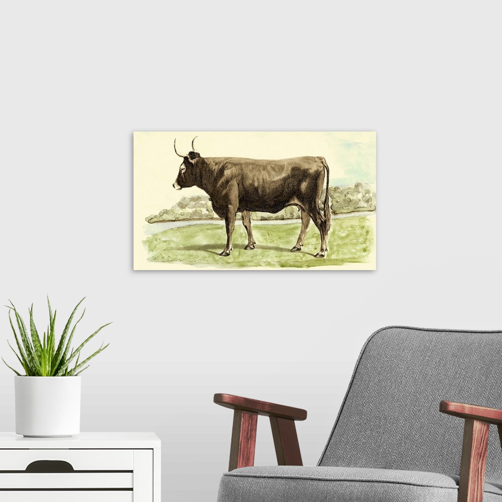 A modern room featuring Antique Cow III