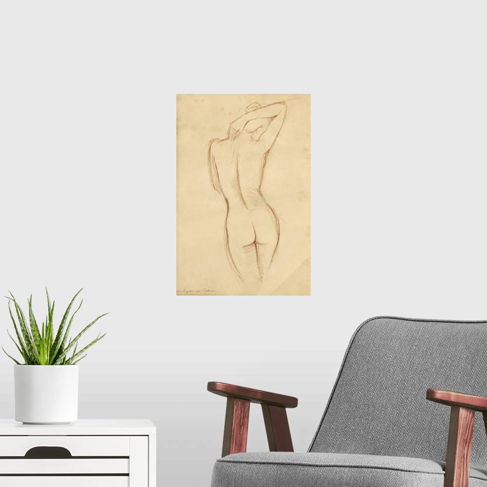 A modern room featuring Artwork that consists of a figurative drawing of the back side of a woman.