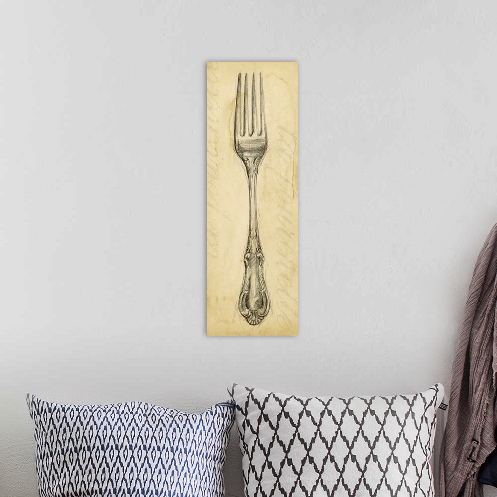 A bohemian room featuring Long and narrow canvas with a drawing of a fork on top of an antiqued backdrop.