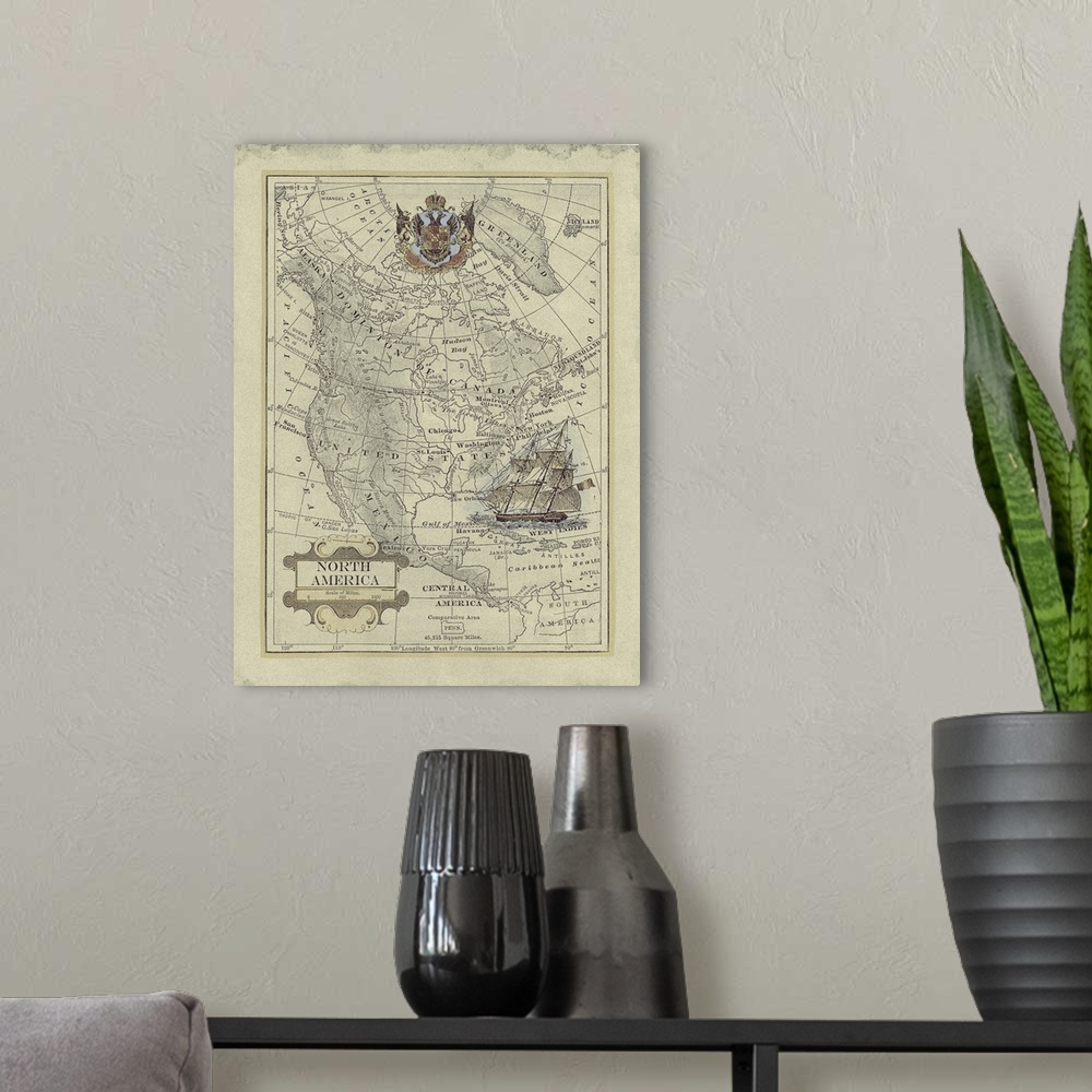 A modern room featuring Antique Map of North America