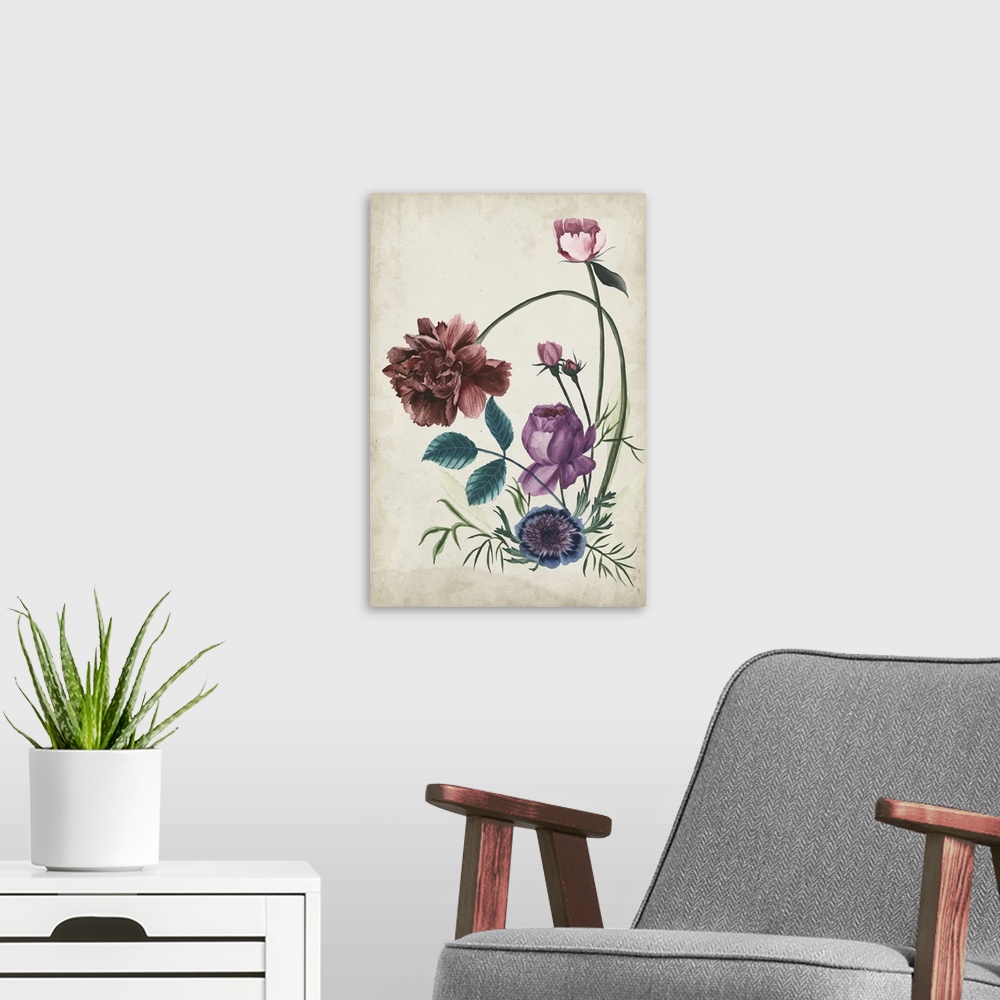A modern room featuring In this decorative artwork, an illustrative red peony with purple flowers and rich greenery decor...