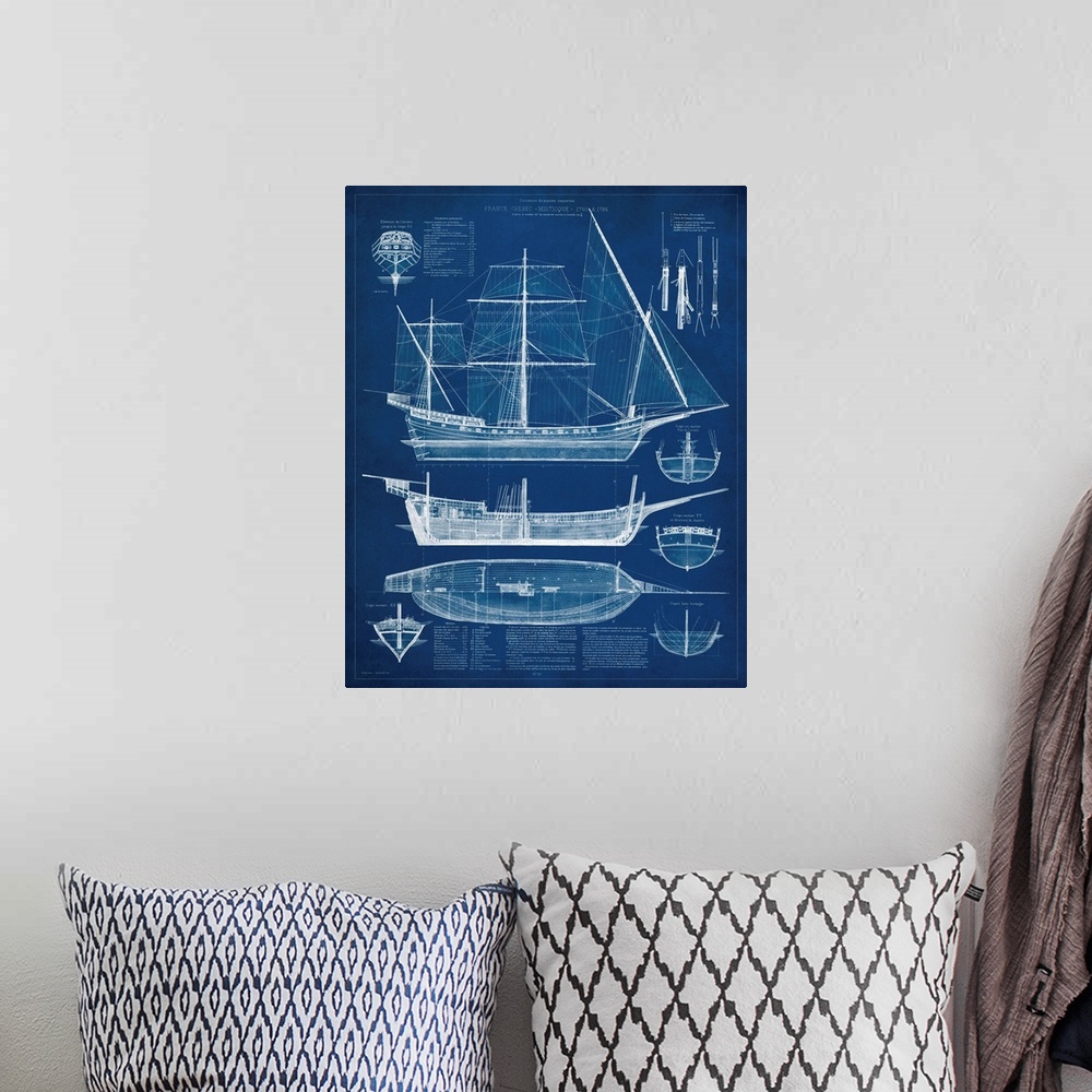 A bohemian room featuring Antique Ship Blueprint I