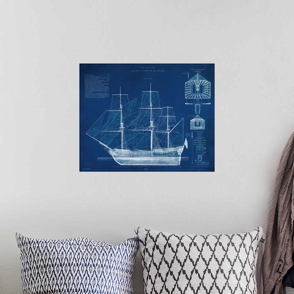 A bohemian room featuring Antique Ship Blueprint IV