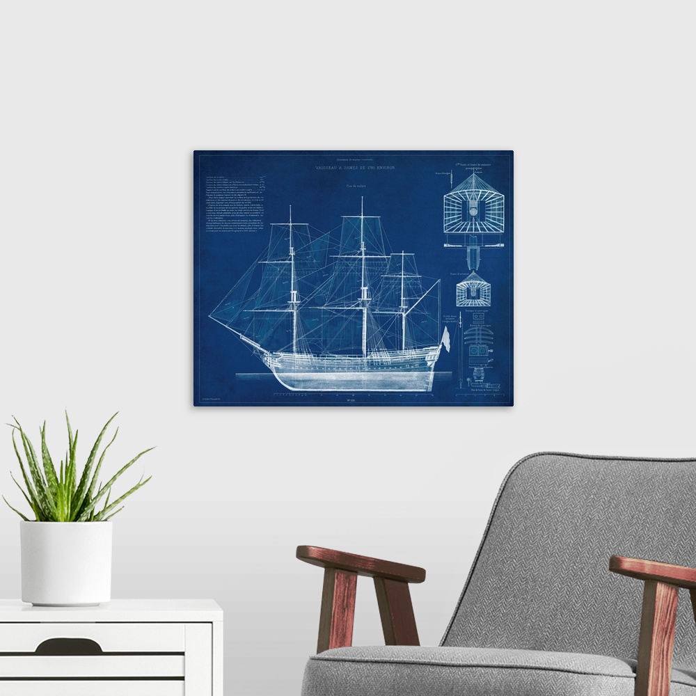 A modern room featuring Antique Ship Blueprint IV