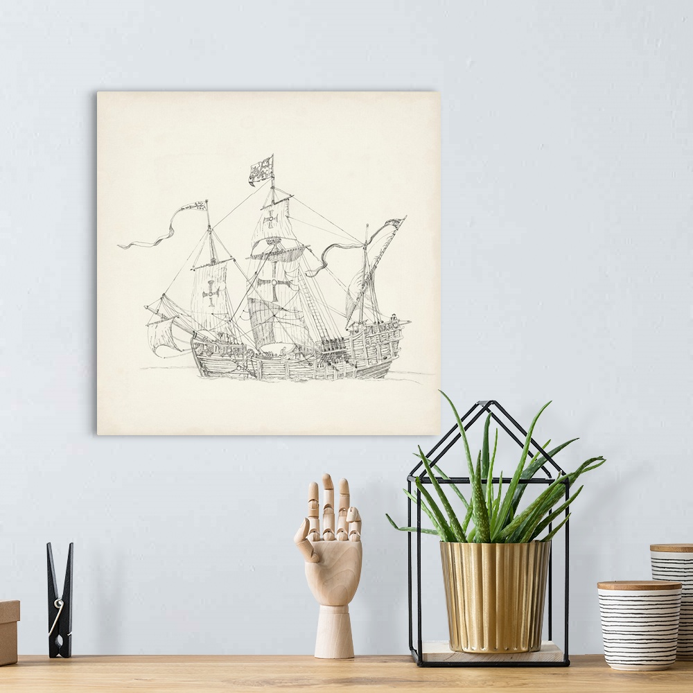 A bohemian room featuring Antique Ship Sketch VI