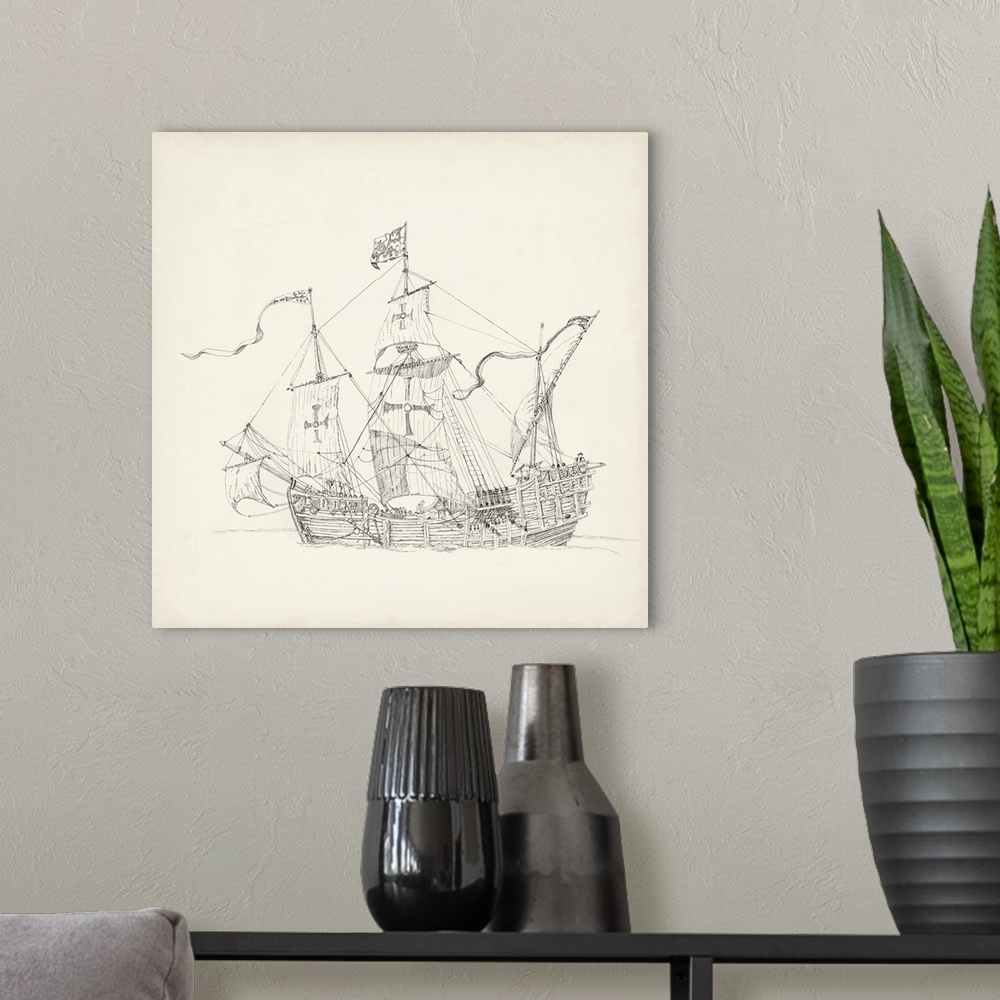 A modern room featuring Antique Ship Sketch VI